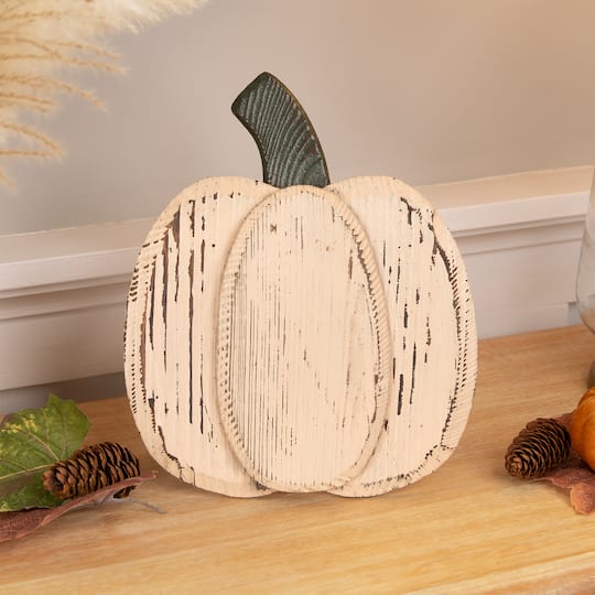 10.5" Small White Wooden Fall Harvest Pumpkin with Stem